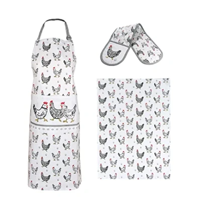 Image de SPOTTED DOG GIFT COMPANY Ensemble de 3 Torchon Cuisine Tablier et Gant Four Double au Mignon Poule Imprimé, 100% Qualité Coton Lavable en Machine, Idées Cadeau pour Les Amoureux des Poules
