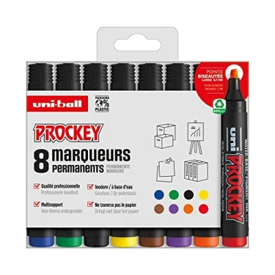 Image de Uni Prockey BALL Mitsubishi Pencil Marqueur Permanent Inodore PM126 Multisupport, Base Eau, Sans Odeur Pointe Biseautée Large 5,7 mm Emballage Zéro Plastique Lot de 8 Couleurs