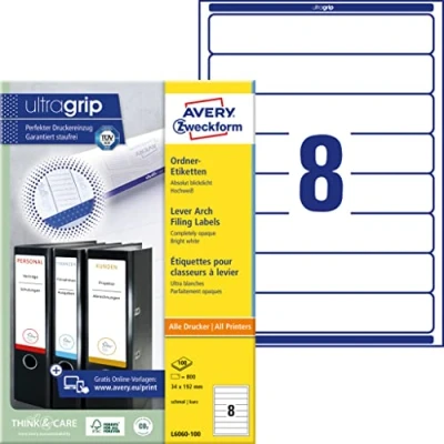 Image de AVERY Zweckform L6060 100 Étiquettes pour dos de classeur (avec ultra rip, 34 x 192 mm sur format A4, étroit/court, autocollantes, opaques, imprimables, 800 étiquettes feuilles) Blanc