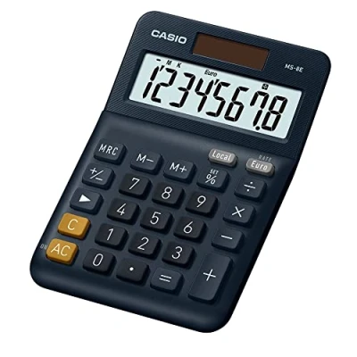 Image de Casio MS8E Calculatrice de Bureau Alimenté par Batterie Solaire Conversion Devises, Pieds en Caoutchouc, Bouton Correction Rapide, Solaire/à Piles Noire