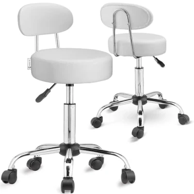 Image de Casaria® 2X Tabouret à roulettes Blanc avec Dossier Confortable pivotable 360 réglable en Hauteur Repose Pieds Bureau