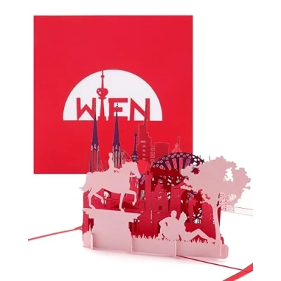 Image de carte pop up 3D « Vienne Panorama avec grande roue » de vœux comme souvenir autrichien, d&#039;anniversaire, invitation &amp; bon pour les voyages urbains.