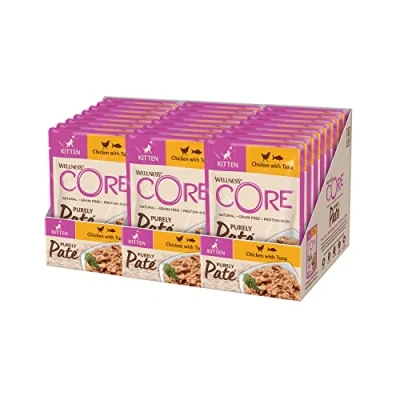 Image de Wellness CORE Purely Paté Chaton, Pâtée pour nourriture humide chat, sans céréales, à haute teneur en viande, poulet &amp; thon, 24 x 85g