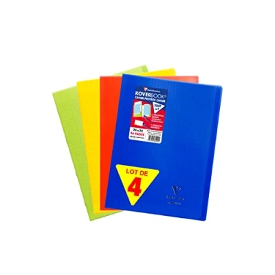 Image de Clairefontaine 981440AMZC Lot de 4 Cahiers Agrafés Koverbook 24x32 cm 96 Pages Grands Carreaux Papier Blanc 90 g Couverture Polypro (Bleu marine, Rouge, Vert et Jaune)