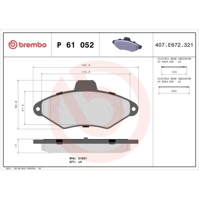 Image de BREMBO P 61 052 Jeu de plaquettes frein contact signal d&#039;usure inclus sans accessoires CITROËN: Xantia 3/5 portes, Break