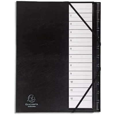 Image de Exacompta Réf. 625665E 1 trieur Ordonator avec élastiques dos extensible cavaliers plastique couverture rigide 12 compartiments numériques dim 25x33 cm pour A4 couleur noir