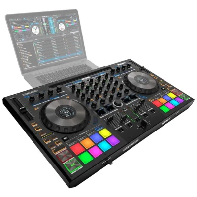 Image de Reloop Mixon 8 Pro 4 Kanal Contrôleur de performance multiplateforme pour Serato &amp; djay, Jogwheel Displays Instant FX Kippschalter, Dual Audio Interface avec USB C Stand Alone Mixing