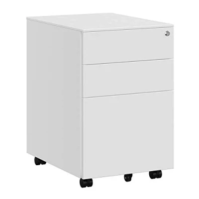 Image de SONGMICS Caisson de Bureau Metal, Rangement Mobile, avec roulettes et Serrure, pour Documents Dossier Suspendu, 3 tiroirs, 39 x 52 60 cm Blanc OFC60WT