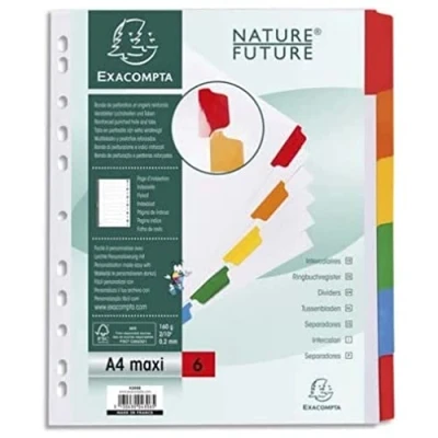 Image de Exacompta Réf. 4306E Intercalaires en carte blanche 160g/m2 FSC® avec 6 onglets neutres couleurs renforcés et plastifiés Page d&#039;indexation imprimable Format à classer A4 maxi
