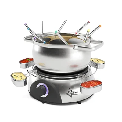 Image de Suntec Fondue Fon de 8014 V2 A [1,3 l en Acier Inoxydable Casserole, 8 brochettes, 6 Coupelles à Sauce, la Graisse Protection Anti éclaboussures, câble 2 m, Max. 1400 W]