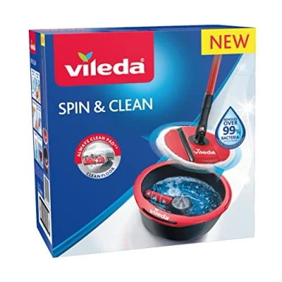 Image de Vileda Spin &amp; Clean Kit complet lavage sol, Système d&#039;essorage manuel activé par le manche, Seau doté d&#039;un rouleau de innovant pour une housse toujours propre, tête balai 100% microfibre