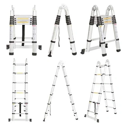 Image de Échelle pliante télescopique en aluminium robuste avec cadre A 3,8 m/1,9 m + 1,9 12 marches Extensible Capacité de 150 kg