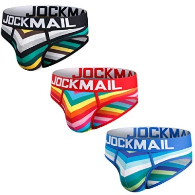 Image de JOCKMAIL Lot de 3 slips confortables en coton pour homme Motif rayures arc ciel, Noir + rouge bleu., L