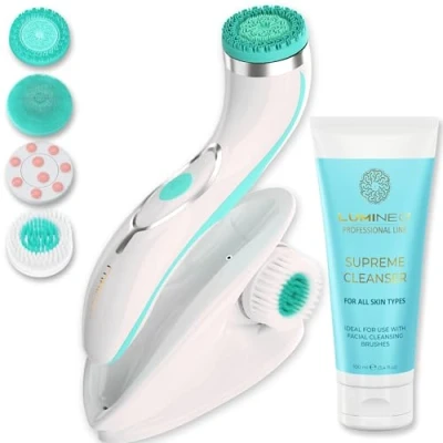 Image de Lumineo PRO nettoyage en profondeur du visage, brosse faciale avec 4 embouts de brosse, silicone médical, USB C, IPX6 résistant à l&#039;eau, gel nettoyant adapté tous les types peau (turquoise)