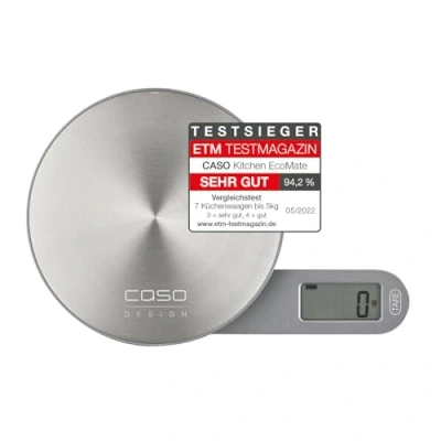 Image de CASO Kitchen EcoMate Balance de cuisine design, sans pile grâce à l&#039;énergie cinétique, plate &amp; magnétique, jusqu&#039;à 5 kg, fonction tare, surface pesée en inox (Ø 11,5 cm), écran LCD