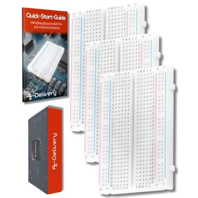 Image de AZDelivery 3X MB 102 Mini Breadboard 400 Pin avec 4 Barres d&#039;alimentation Compatible Arduino et Raspberry Pi incluant Un E Book!