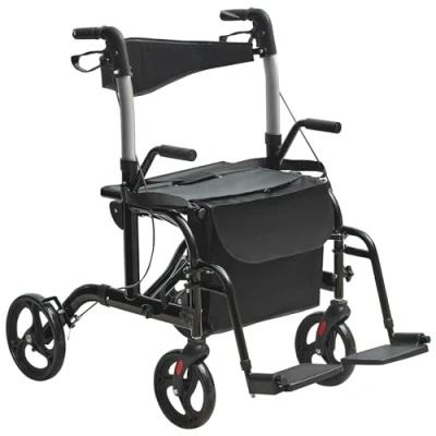 Image de VEVOR Déambulateur fauteuil roulant 2 en 1 pour personnes âgées, rollator aluminium léger avec poignée réglable, pliable repose pieds, roues tout terrain, capacité de 136 kg