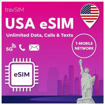 Image de travSIM eSIM USA Réseau T Mobile Données, appels et textes illimités aux e SIM Etats Unis Fonctionne sur Les appareils iOS Android compatibles Carte Prépayée 21 Jours