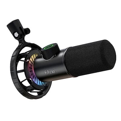 Image de FIFINE USB Microphone Gaming, RGB Dynamiques Micro pour PC, Bouton de Silence &amp; 3,5mm Prise Casque, Plug and Play Cardioïde Diffusion en Continu, Podcasting, Youtube