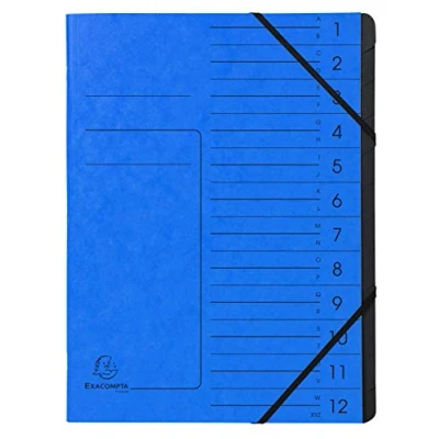 Image de Exacompta Réf. 541202E 1 trieur dos agrafé avec élastiques couverture imprimée en carte lustrée et intérieur recyclée noire 12 compartiments dim 24,5x 32 cm A4 couleur bleu