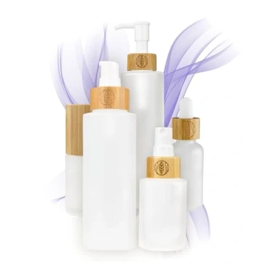 Image de Lot de 4 bouteilles en Verre avec couvercle bambou dépoli 2 x 30 ml 100 Petits flacons vides tête pulvérisation, distributeur pompe Emballage cadeau