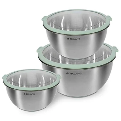 Image de Navaris 3X Bol INOX avec Couvercle Saladier en Acier Inoxydable Poignées 3 Tailles Différentes Boîte pour Conservation des Aliments