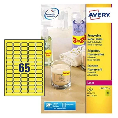 Image de Avery L7651Y 25 1625 Étiquettes enlevables laser 38,1 x 21,2 mm Jaune fluo