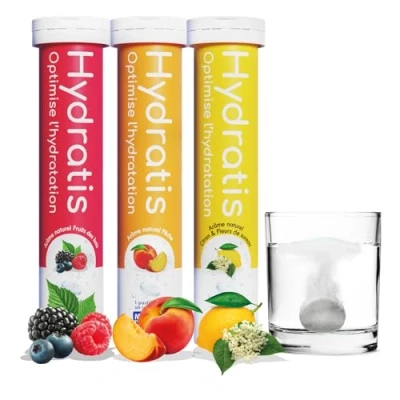 Image de HYDRATIS Pastilles Effervescentes avec Electrolytes Citron/Fleur Sureau+Fruits des Bois+Pêche Optimise l&#039;Hydratation Riche en Minéraux Faible Sucre Sport, Récupération 60