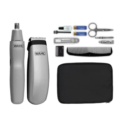 Image de KIT de voyage barbe WAHL TRAVEL Tondeuse à pile Coupe poils nez / oreilles 6 réglages Gris