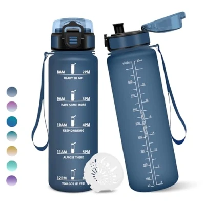 Image de Gourde, 1000ML Sans BPA, Gourde sport, Avec Horodatage, Bouteille, Conception de Verrouillage Anti Fuite, Bouteille Plastique pour bureau, En cours d&#039;exécution, Escalader Des Montagnes Bleu marine
