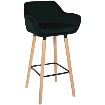 Image de CLP Tabouret De Bar Grant en Velours I Chaise Haute Bistrot avec Assise Et Dossier Rembourrés Piètement Bois Repose Pieds Métal, Couleur:Vert