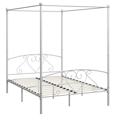 Image de vidaXL Cadre de Lit à Baldaquin Sommier Lattes Double Adulte sur Pied Chambre Coucher Maison Intérieur Blanc Métal 160x200 cm
