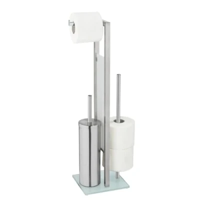 Image de WENKO Combiné WC Rivalta 3 en 1 Brosse fermée et Dérouleur Papier Toilette Stockage Tête de remplaçable Acier INOX Noir Verre trempé 18x70x23 cm Argent Mat