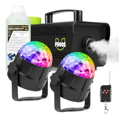 Image de Fuzzix F500S Pack Machine à Fumée 500 Watts avec 2 x Boules Disco RGB et 1L de Liquide Standard un tout en Idéal pour les Soirées la Maison, Fêtes d&#039;Anniversaires