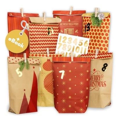 Image de AMARI ® Calendrier de l&#039;Avent à remplir n 18 Red Mix 24 sachets en papier (avec pinces bois) pour bricolage Noël Sacs