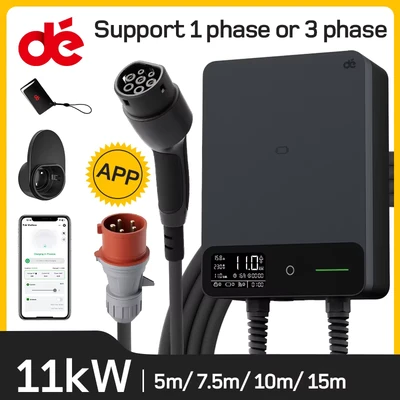 Image de dé Borne de Recharge Véhicules Électrique 11kW APP[6 16A, Triphasé, 400V] Wallbox avec Câble Type 2 7,5m, RFID, RCD B et IP55 pour E 208 Autres BEV/PHEV, Noir