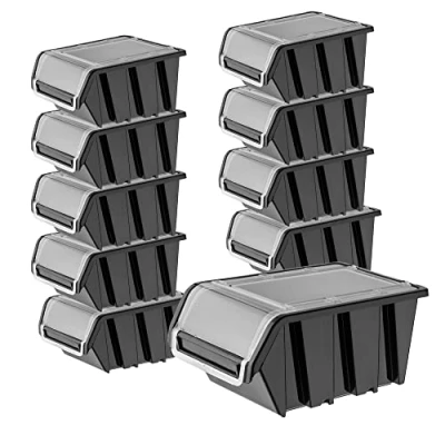 Image de KADAX Lot de 10 boîtes rangement empilables avec couvercle, en plastique PP, dans différentes tailles et couleurs, rabat pour mur d&#039;outils (noir, 155 x 100 mm) K6533