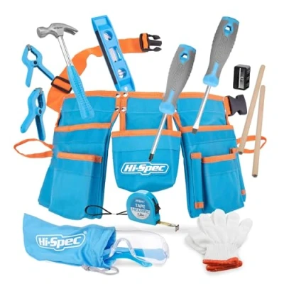 Image de Hi Spec Ceinture à outils Enfant avec Kit de 16 Pièces Gants, Lunettes Sécurité &amp; Vrais pour Bricolage et Établi Porte Ajustable, Pratique Sûre Enfants