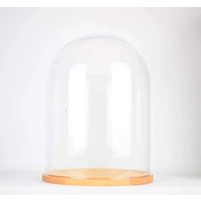 Image de EMH Grande cloche en verre transparent faite à la main avec base bois 30 x 25 cm