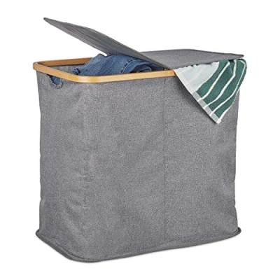 Image de Relaxdays Panier tissu bambou, Coffre pliable, Corbeille à linge, 2 compartiments, 74 L, gris, polyester, One size