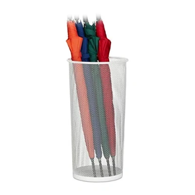 Image de Relaxdays Porte parapluie, pour parapluies &amp; cannes de marche, rond, métal, apparence grille, : 49,5 x 26 cm, blanc
