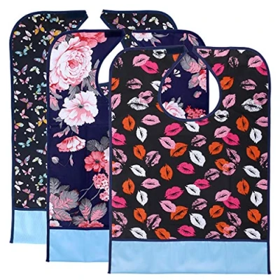 Image de BTSKY Lot de 3 bavoirs imperméables réutilisables pour adultes Lavables en machine Protection vêtements avec ramasse miettes (fleur + lèvre papillon)