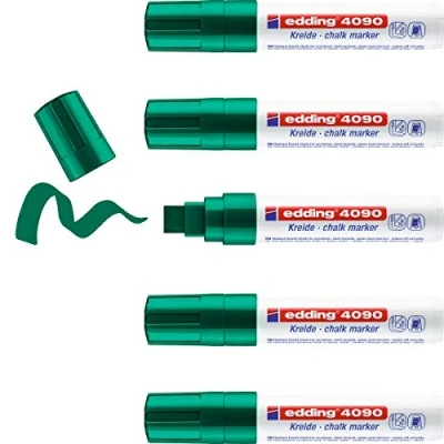 Image de edding 4090 Marqueur craie liquide vert 5 feutres pointe biseautée 4 15 mm feutre effacable pour écrire sur les vitres,le verre ardoise aux couleurs opaques