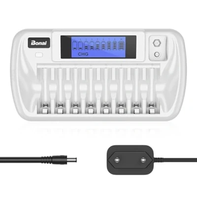 Image de BONAI Chargeur de Piles LCD 8+1 Slots, Universel pour AA/AAA/Ni MH/Ni CD/9V Batterie Rechargeables, Écran Intelligent, Rapide DC 12V/1A, Avec Fonction Décharge(chargeur certifié CE GS)