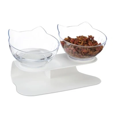 Image de Relaxdays Double gamelle pour Chat, 2 récipients, 500 ML, HxLxP : 16x27,5x13,5 cm, lot surélevé, Blanc Transparent