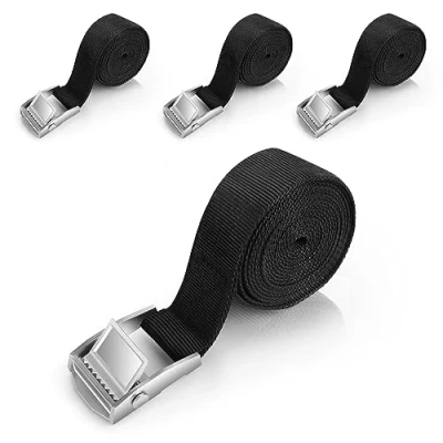 Image de 4 Pcs Sangle de Fixation,Sangles d&#039;arrimage Courtes,4 x 2 m, Sangles Noires, avec Boucle Serrage à cliquet pour Porte vélos, Paquet Bagages extrêmes, Camping