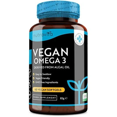 Image de Gélules molles Vegan d&#039;Oméga 3 haute résistance 2000 mg 600 de DHA et 300 d&#039;EPA par portion à base plantes dérivées d&#039;huile d&#039;algue durable Nutravita
