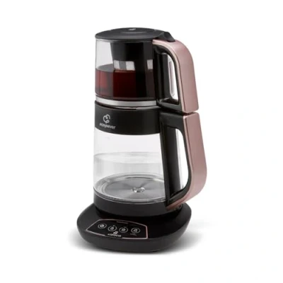 Image de Karaca Çaysever Bouilloire en verre avec feedback acoustique or rose, 1,5 litre, 1700 watts, Sans BPA, Boîtier acier inoxydable, Théière, Filtre à thé