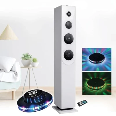Image de Tour de Son amplifié 100W Innovaley HP33 CD WHITE avec Lecteur CD, Bluetooth, FM et USB + télécommande, Jeu lumière OVNI