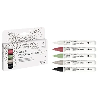 Image de KREUL 16570 Glass &amp; Porcelain Pen Chalky Set de 5 crayons à l&#039;aspect craie pour le verre et la porcelaine Pointe ogive indéformable Largeur trait env. 2 4 mm Souple